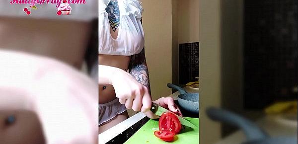  Horny Tattooed Teen Passionate Fingering in the Morning While Cooking